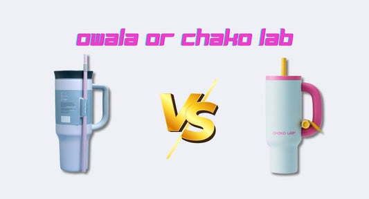 Comparison image of Owala and Chako Lab bottles, with bold "VS" in gold at the center and a pastel-themed product lineup.