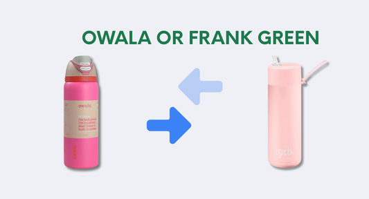 Comparison image showing Owala and Frank Green bottles side by side with a double arrow in the center.