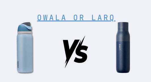 Side-by-side comparison of a light blue Owala FreeSip water bottle and a navy LARQ self-cleaning bottle with "Owala or LARQ?" and a bold VS graphic in the center.