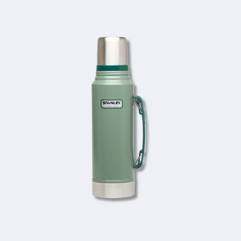 STANLEY Classic Vacuum Bottle 1.1 Quart in Hammertone Green with Silver Lid and Handle – Durable Insulated Thermos for Hot and Cold Beverages