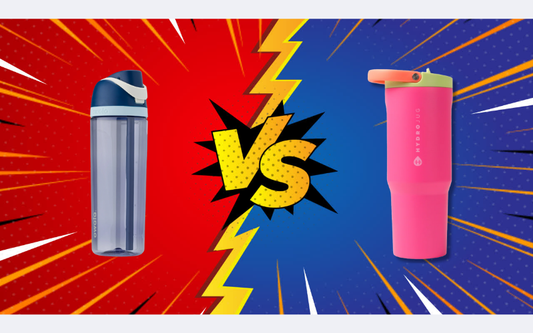 Side-by-side comparison of Owala FreeSip 32oz and Hydrojug Pro 32oz water bottles in a colorful comic-style VS graphic.