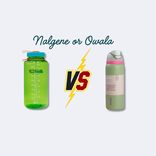 Side-by-side comparison of a green Nalgene water bottle and a green Owala FreeSip bottle with a "VS" lightning symbol between them, asking "Nalgene or Owala" in stylized text.