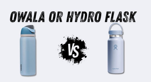 Side-by-side comparison of a light blue Owala FreeSip bottle and a light blue Hydro Flask with flex cap, featuring bold “Owala or Hydro Flask” text and a VS graphic in the center.