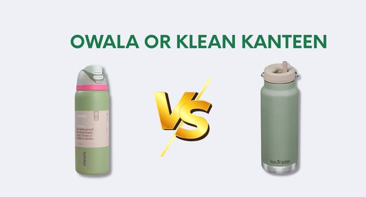 Side-by-side comparison image of a green Owala FreeSip bottle and a green Klean Kanteen bottle with straw lid, separated by a large "VS" graphic under the title "Owala or Klean Kanteen" in bold green font.