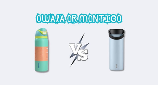 Side-by-side comparison of Owala and Montigo water bottles with a "VS" graphic in the middle, highlighting a style and performance showdown.