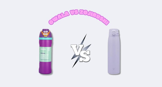 Side-by-side comparison of Owala and Zojirushi water bottles, with a VS symbol in the center and pastel-colored text highlighting the brand names.