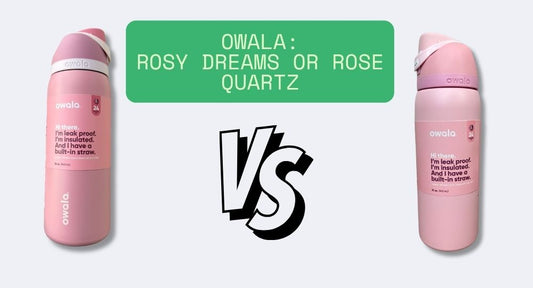 Side-by-side comparison of two pink Owala water bottles labeled Rosy Dreams and Rose Quartz, highlighting design and color differences with "VS" text in the center.