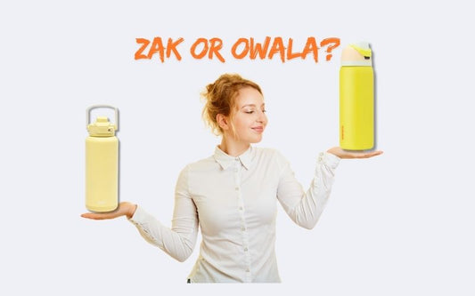 Woman comparing Zak and Owala straw cups in each hand with 'Zak or Owala?' text above – reusable water bottle comparison image