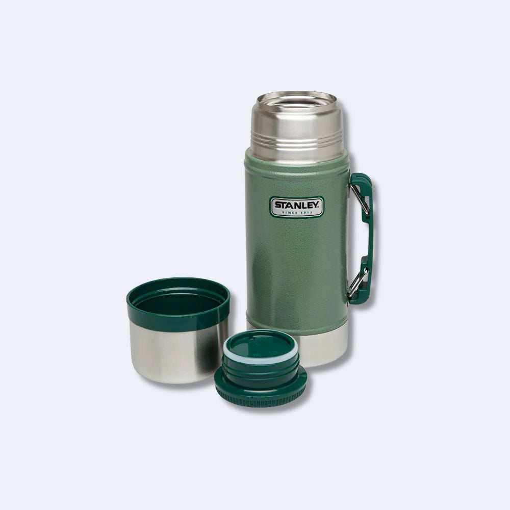 Stanley Classic 24oz Green Vacuum Food Jar disassembled with lid, stopper, and wide-mouth opening visible